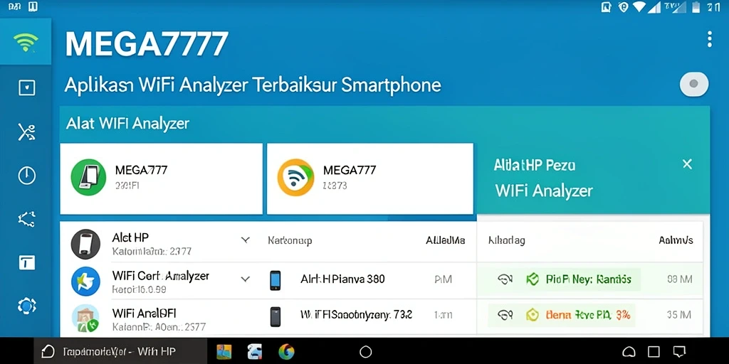 Antarmuka aplikasi MEGA777 menampilkan analisis jaringan WiFi secara detail.