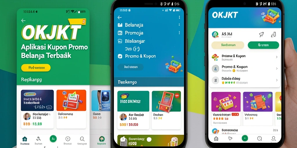 Tampilan antarmuka aplikasi OKJKT dengan berbagai promo menarik.