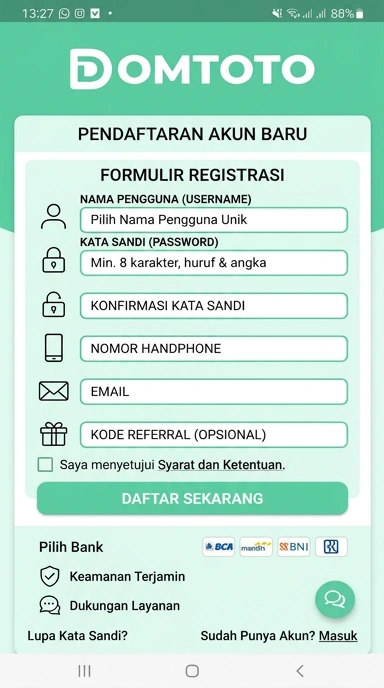 Cara Mudah Daftar Akun domtoto di Android